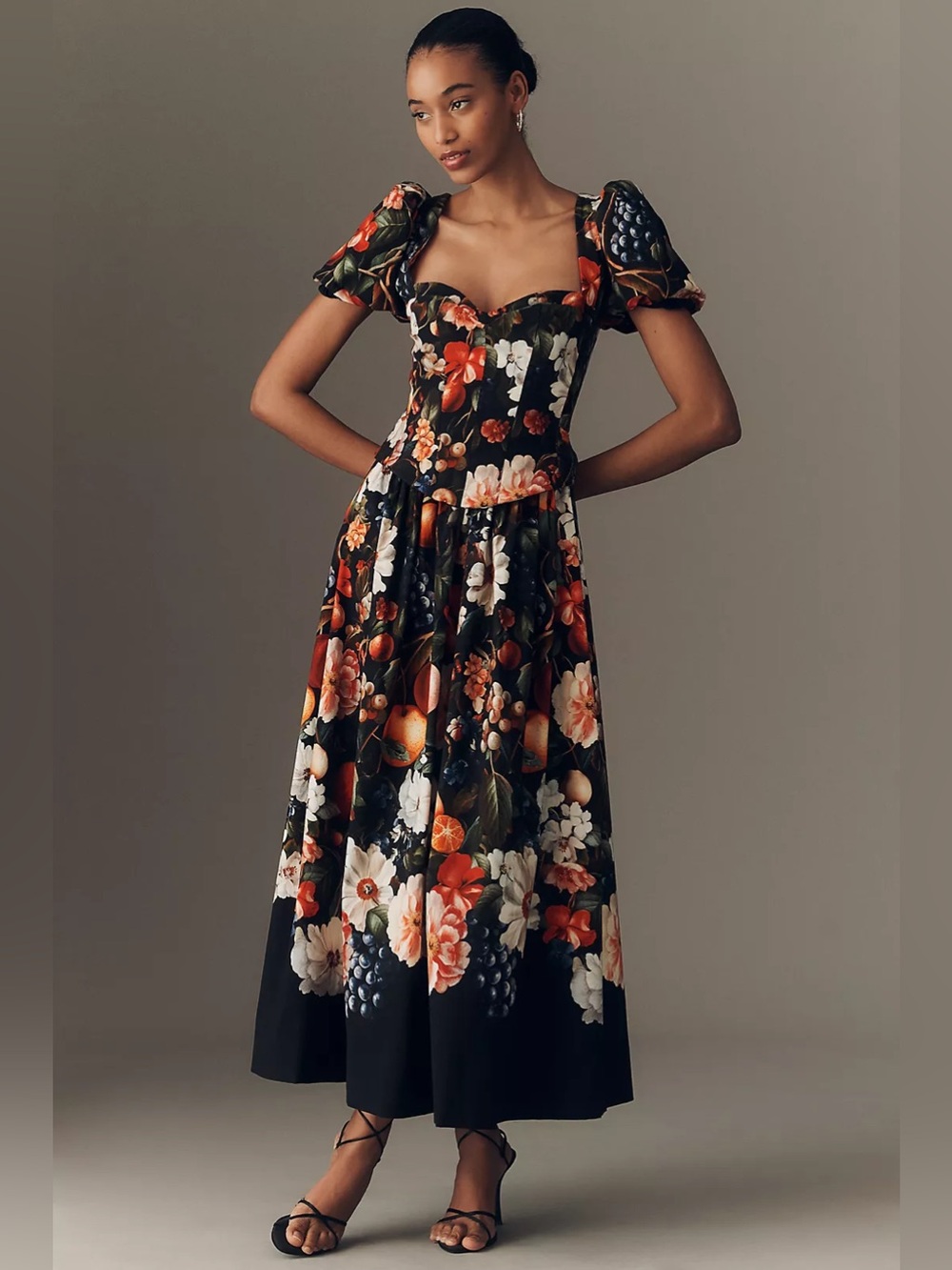 NWT BHLDN Anthropologie Puff-Sleeve Corset A-Line Dress Size  M in Black Pattern